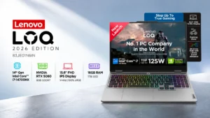 Amazon India launch - Lenovo LOQ 2026 83JE01N6IN gaming laptop with Intel Core i7-14700HX, NVIDIA RTX 5060 8GB, 15.6-inch FHD 144Hz display, 16GB RAM and 1TB SSD.