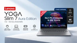 Lenovo Yoga Slim 7 Aura Edition 83JX00ENIN laptop with Intel Core Ultra 5 226V, 14-inch WUXGA OLED display, 16GB RAM and 512GB SSD.
