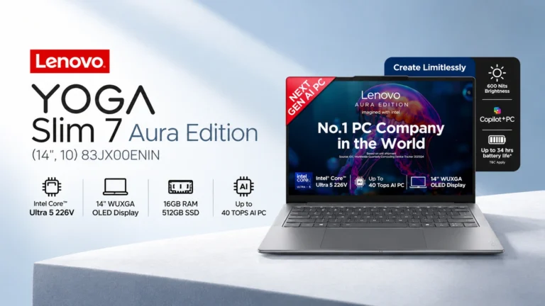 Lenovo Yoga Slim 7 Aura Edition 83JX00ENIN laptop with Intel Core Ultra 5 226V, 14-inch WUXGA OLED display, 16GB RAM and 512GB SSD.
