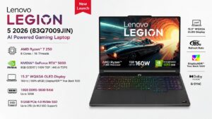 Lenovo Legion 5 2026 83Q7009JIN gaming laptop in Eclipse Black with 15.3-inch WQXGA OLED 165Hz display, AMD Ryzen 7 250, RTX 5050 8GB GDDR7, 16GB DDR5, 512GB SSD - available on Amazon India at Rs 2,23,490