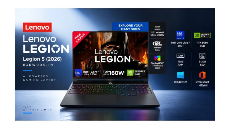Lenovo Legion 5 83RW004JIN gaming laptop in Eclipse Black with 15.3-inch WQXGA OLED 165Hz display, Intel Core Ultra 7 356H, RTX 5060 8GB GDDR7, 16GB DDR5, 512GB SSD, available on Amazon India at Rs 2,63,490