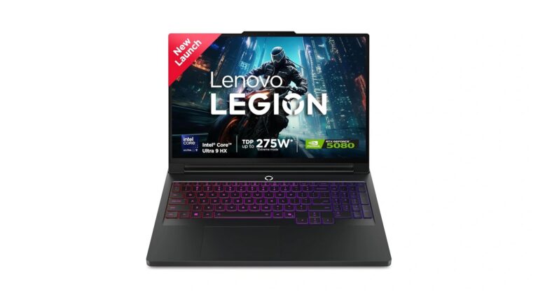 Lenovo Legion Pro 7 16IAX10H 83F500Q5IN gaming laptop in Eclipse Black with 16-inch WQXGA OLED 240Hz display, Intel Core Ultra 9 290HX Plus, NVIDIA RTX 5080 16GB, 32GB DDR5, 1TB SSD, available on Amazon India at Rs 4,78,490
