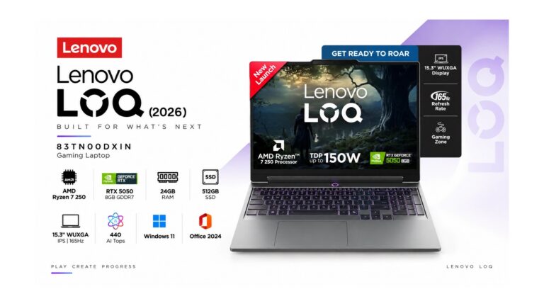 Lenovo LOQ 83TN00DXIN gaming laptop in Luna Grey with 15.3-inch WUXGA IPS 165Hz display, AMD Ryzen 7 250, RTX 5050 8GB GDDR7, 24GB DDR5, 512GB SSD, available on Amazon India at Rs 1,99,990
