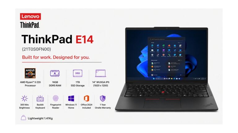 Lenovo ThinkPad E14 21T0S0FN00 laptop in Black with 14-inch WUXGA IPS display, AMD Ryzen 5 220, 16GB DDR5, 1TB SSD, Windows 11 Home, available on Amazon India at Rs 99,990