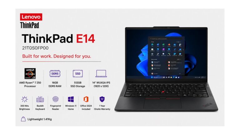 Lenovo ThinkPad E14 21T0S0FP00 laptop in Black with 14-inch WUXGA IPS display, AMD Ryzen 7 250, 16GB DDR5, 512GB SSD, Windows 11 Home, available on Amazon India at Rs 95,990