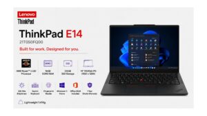 Lenovo ThinkPad E14 21T0S0FQ00 laptop in Black with 14-inch WUXGA IPS display, AMD Ryzen 5 220, 16GB DDR5, 512GB SSD, Windows 11 Home, available on Amazon India at Rs 88,990