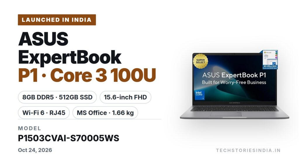 ASUS ExpertBook P1 P1503CVAI-S70005WS laptop in Misty Grey with 15.6-inch FHD display, Intel Core 3 100U, 8GB DDR5, 512GB SSD and MS Office, available on Amazon India at Rs 58,490