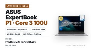 ASUS ExpertBook P1 P1503CVAI-S70005WS laptop in Misty Grey with 15.6-inch FHD display, Intel Core 3 100U, 8GB DDR5, 512GB SSD and MS Office, available on Amazon India at Rs 58,490