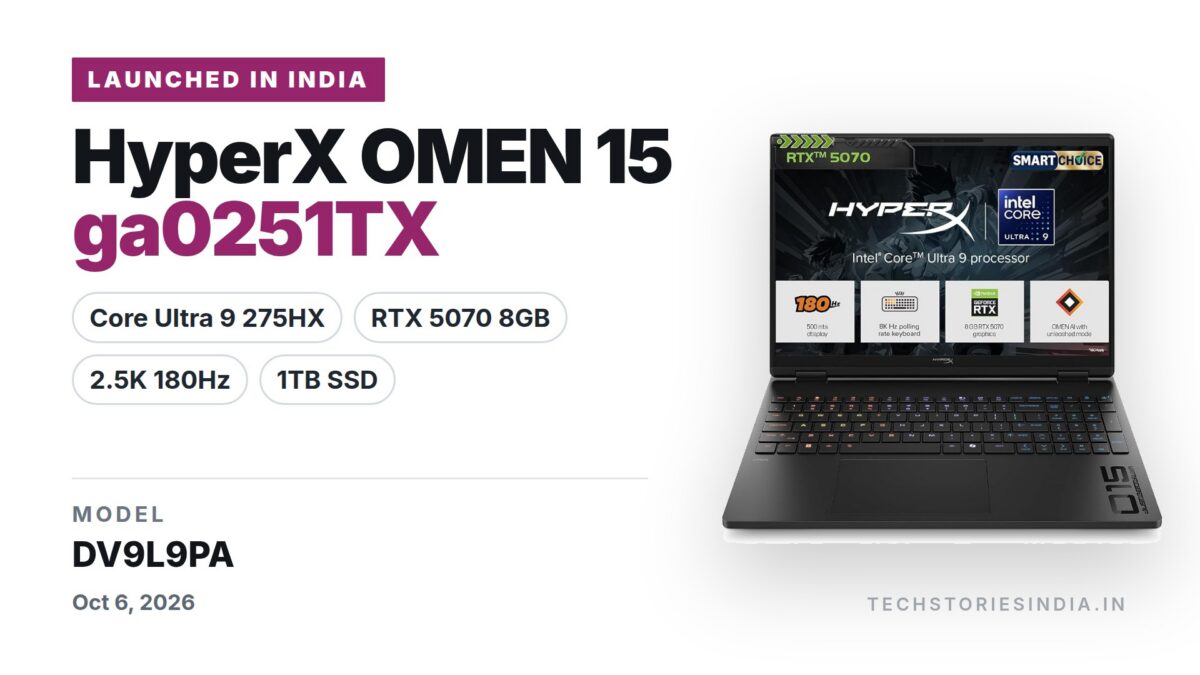 HP HyperX OMEN 15 ga0251TX (DV9L9PA) gaming laptop in Black with 15.3-inch 2.5K 180Hz display, Intel Core Ultra 9 275HX, RTX 5070 8GB GDDR7, 16GB DDR5 and 1TB SSD, available on Amazon India at Rs 2,81,740