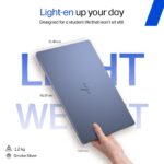HP OmniBook 5 14 OLED mh0067TU, mh0061TU, mh0017TU laptop in Blue held in one hand, 14-inch 2K OLED, Intel Core 5 320, 8GB RAM, 512GB SSD, 1.16 kg