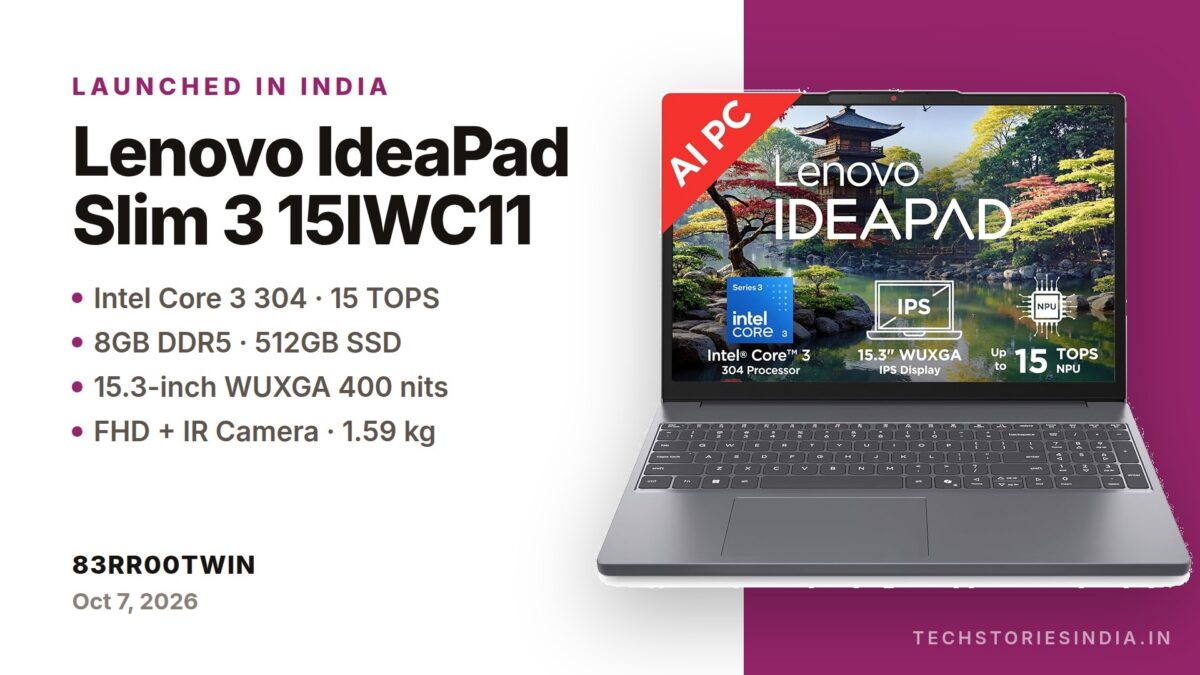 Lenovo IdeaPad Slim 3 15IWC11 83RR00TWIN laptop in Luna Grey with 15.3-inch WUXGA IPS display, Intel Core 3 304, 8GB DDR5 and 512GB SSD, available on Amazon India at Rs 84,990