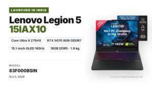 Lenovo Legion 5 15IAX10 83F000BSIN gaming laptop in Eclipse Black with 15.1-inch WQXGA OLED 165Hz display, Intel Core Ultra 9 275HX, RTX 5070 8GB GDDR7, 16GB RAM, 512GB SSD, available on Amazon India at Rs 2,68,490