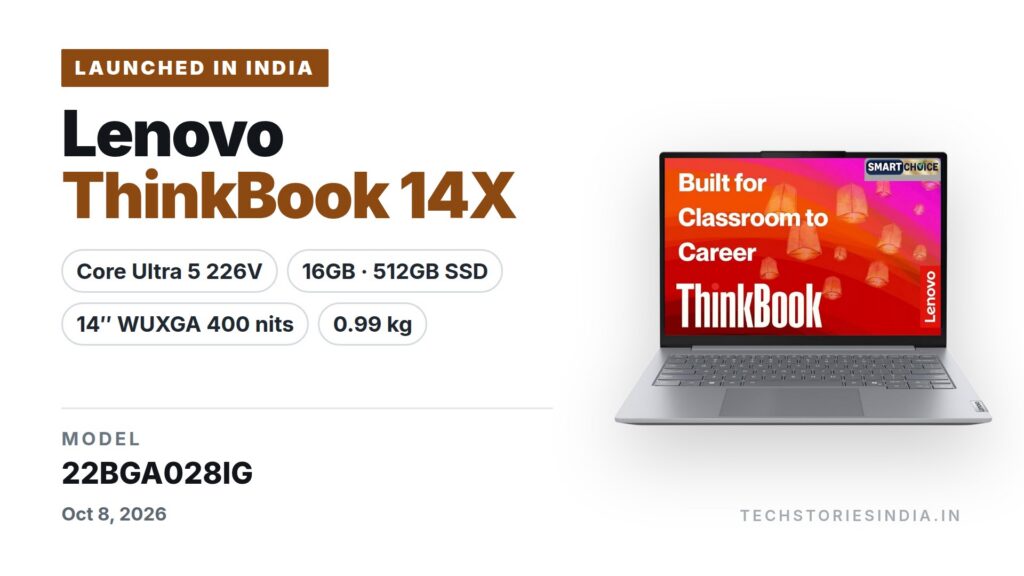 Lenovo Smartchoice ThinkBook 14X 22BGA028IG laptop in Luna Grey with 14-inch WUXGA IPS display, Intel Core Ultra 5 226V, 16GB RAM, 512GB SSD, available on Amazon India at Rs 1,14,990